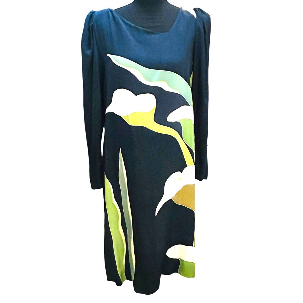 Vintage Black Calla Lily Dress 1980s Puff Sleeves Size Small Shift Sutherland